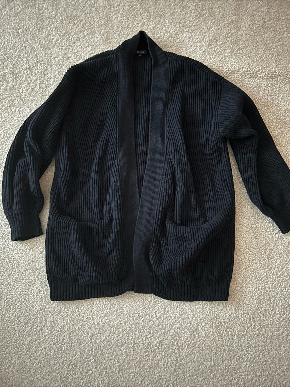 Quince Organic Oversized Cottonn Black Open-Front Ribbed Knit Cardigan Size M